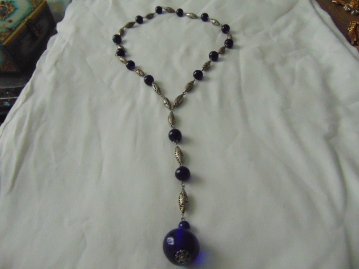 antique Victorian cobalt blue pools of light pendant drop necklace