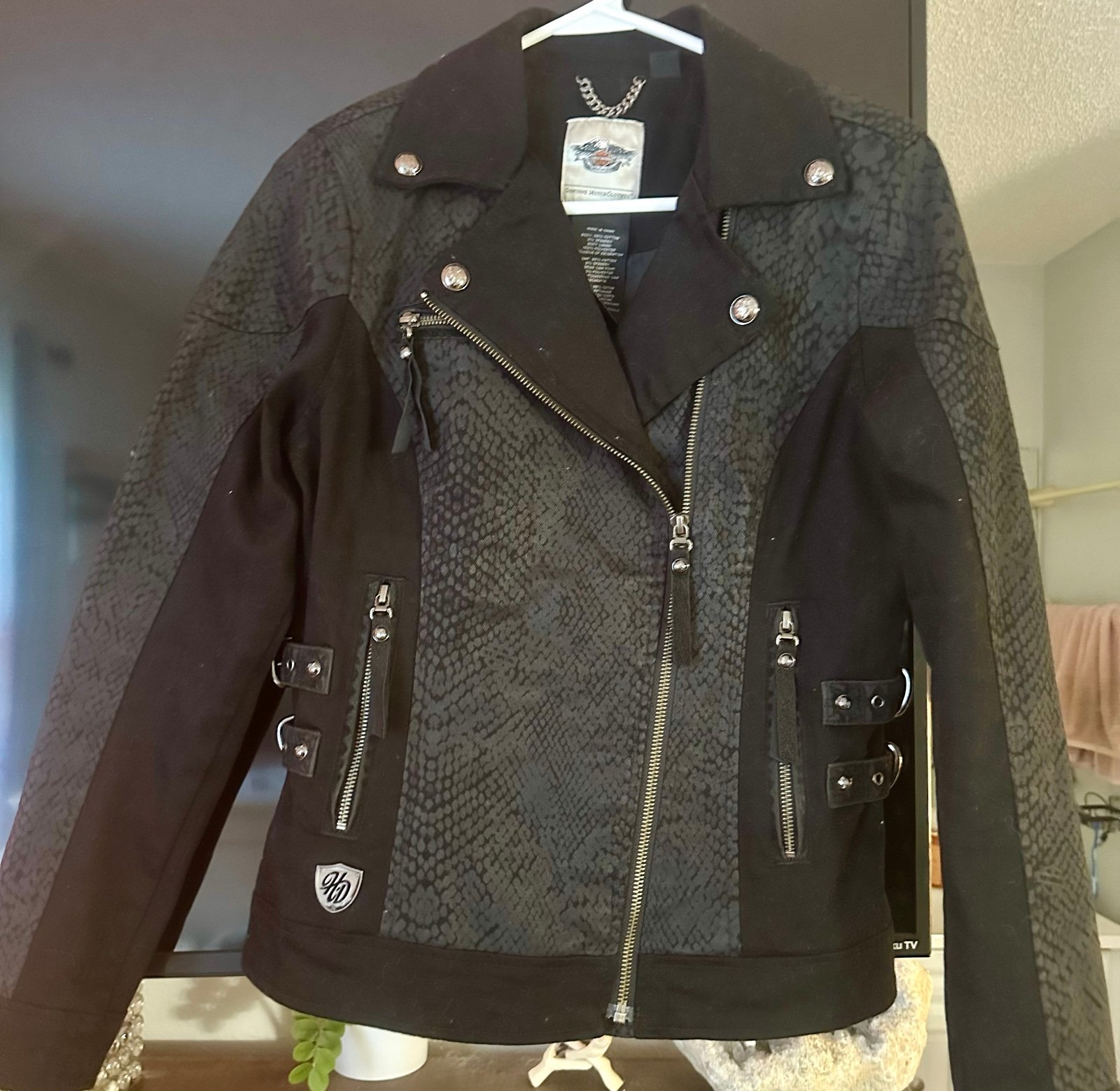 Harley Davidson Jacket Women’s Small Black Snakeskin Print ZipBiker Motorcycle