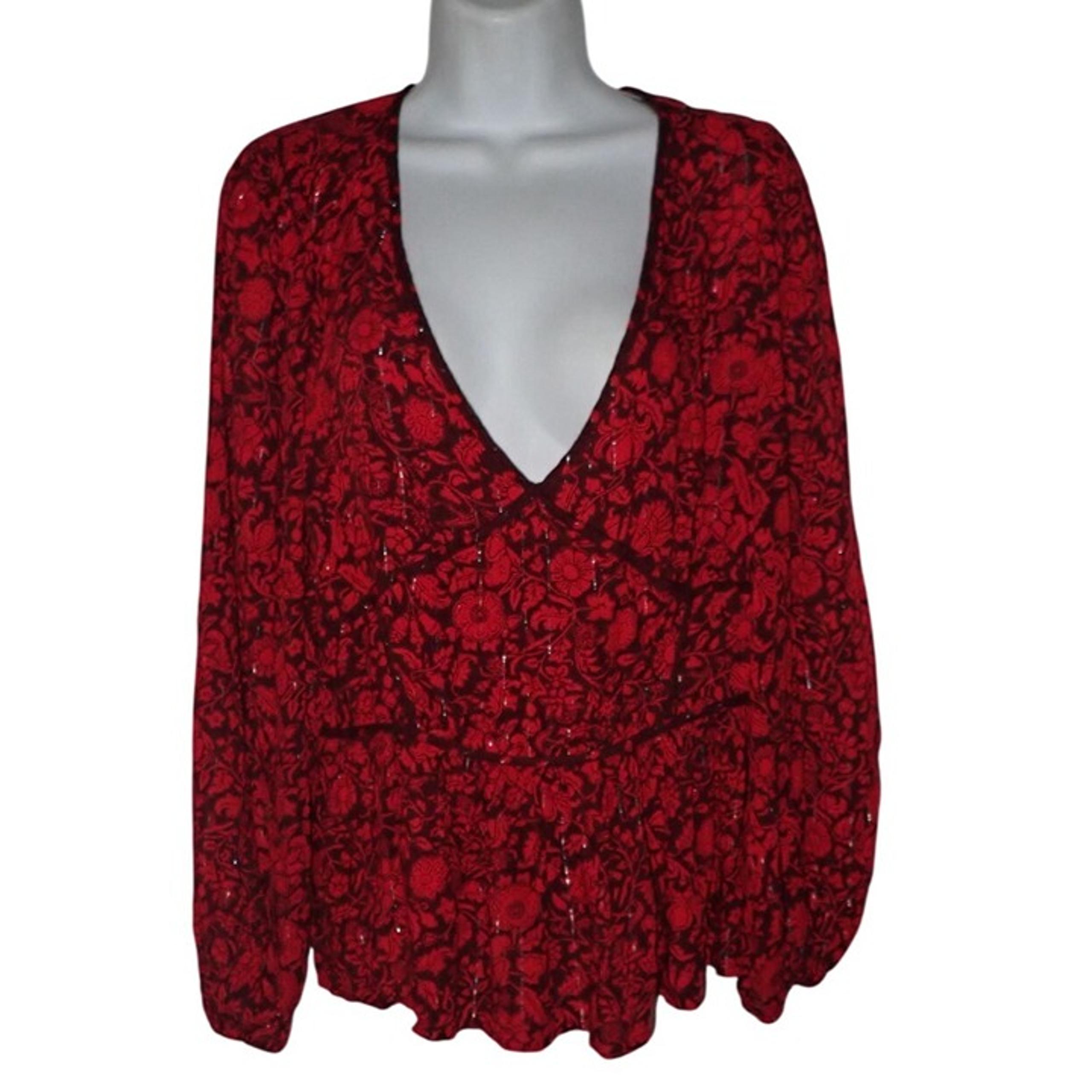 Knox Rose Balloon Sleeve Red Floral Peplum Blouse V-neck  Womens  XL Boho NEW