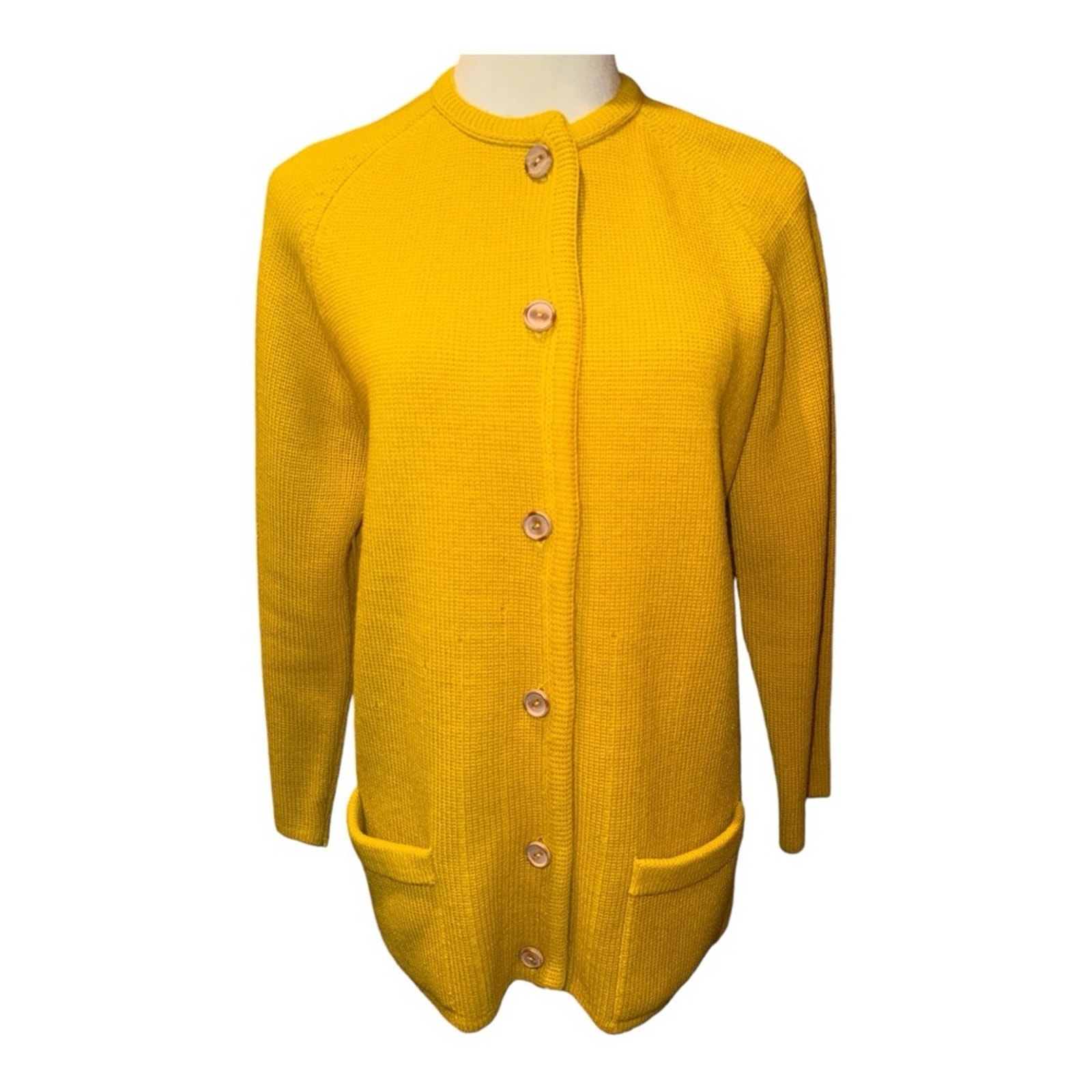 60’s VINTAGE Mustard Yellow Wooden Button Grandma Cardigan