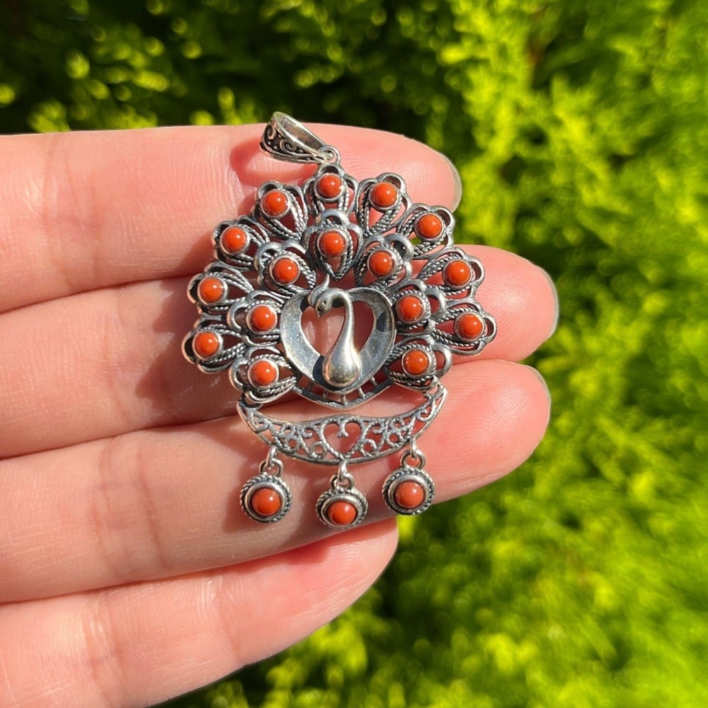 Sterling silver coral peacock pendant