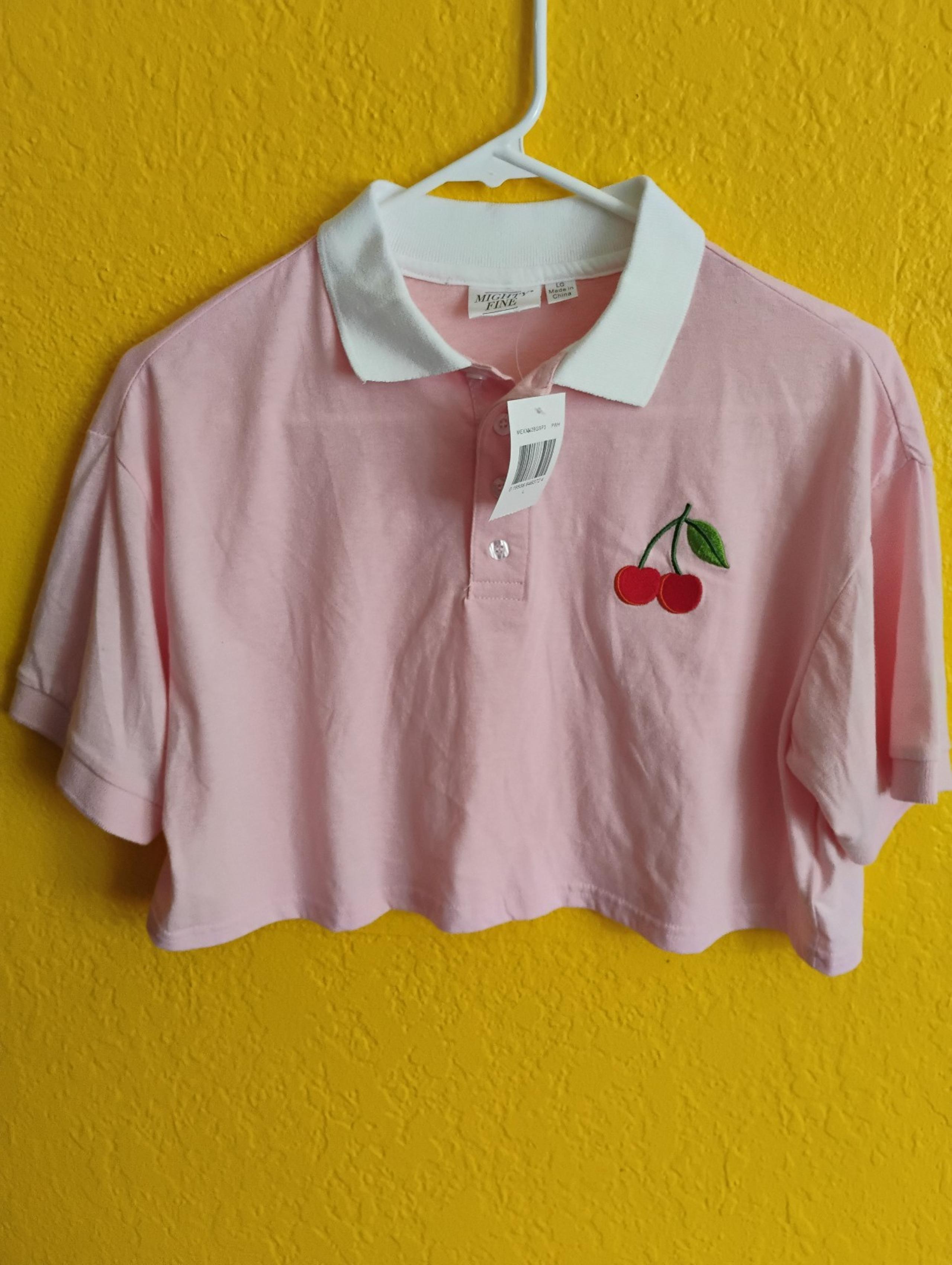 Mighty Fine Pink Polo Crop Top White Collar Cherry Emblem Cherries Size Large