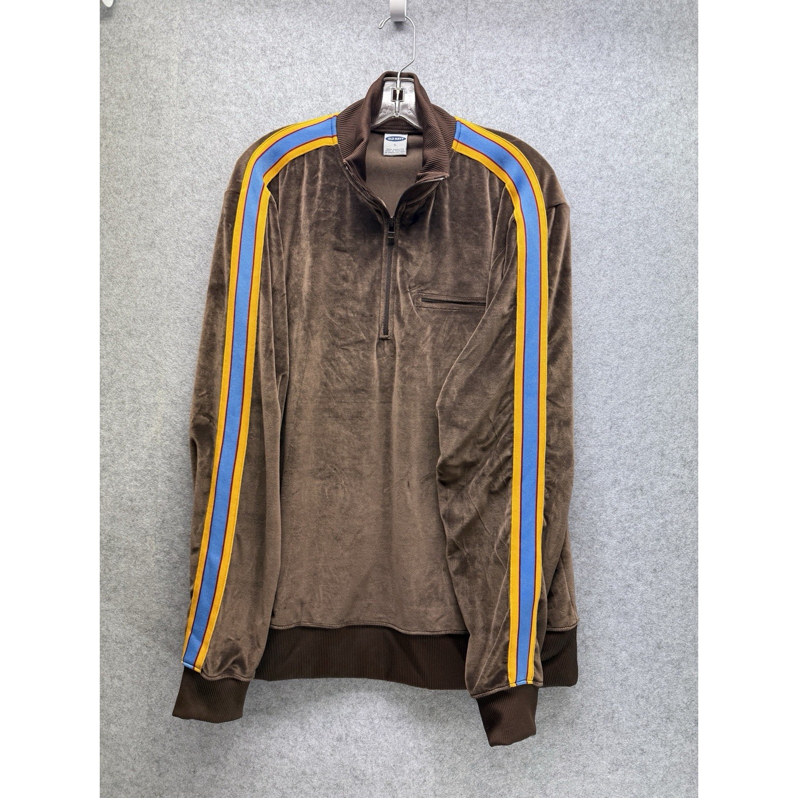 Men's Vintage Y2K Old Navy Brown Velour 1/4 Zip Track Jacket Size L Arm Stripe