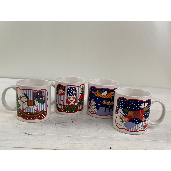 Vintage Stoneware Christmas Themed Mugs Set of 4 Made in Japan