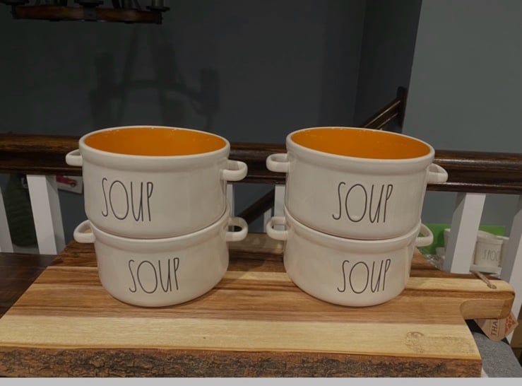 Rae Dunn 4 SOUP crocks with double handles orange interior