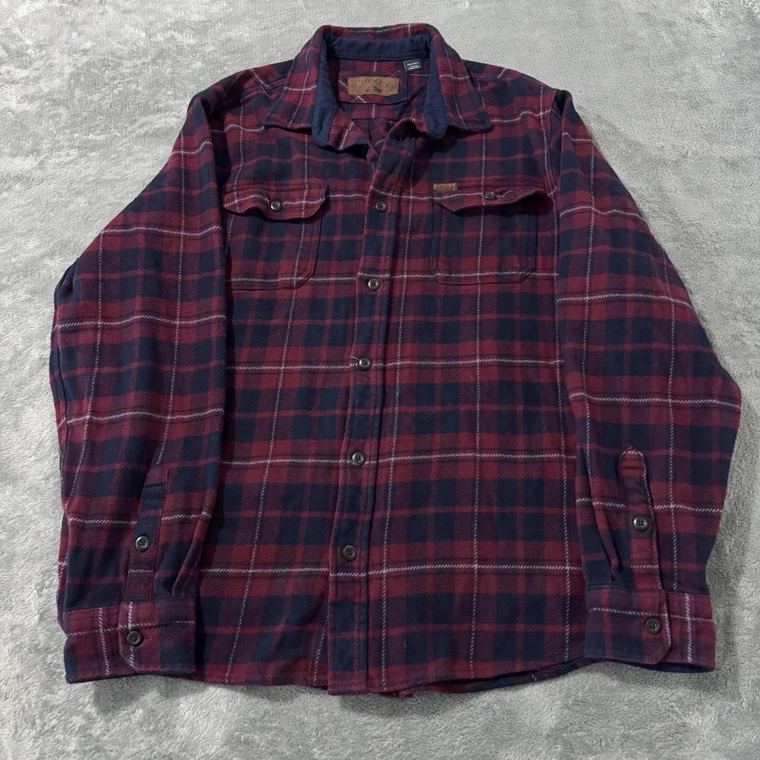 Orvis Mens Heavy Flannel Shirt Jacket Red Plaid Lumberjack Size XXL Pockets
