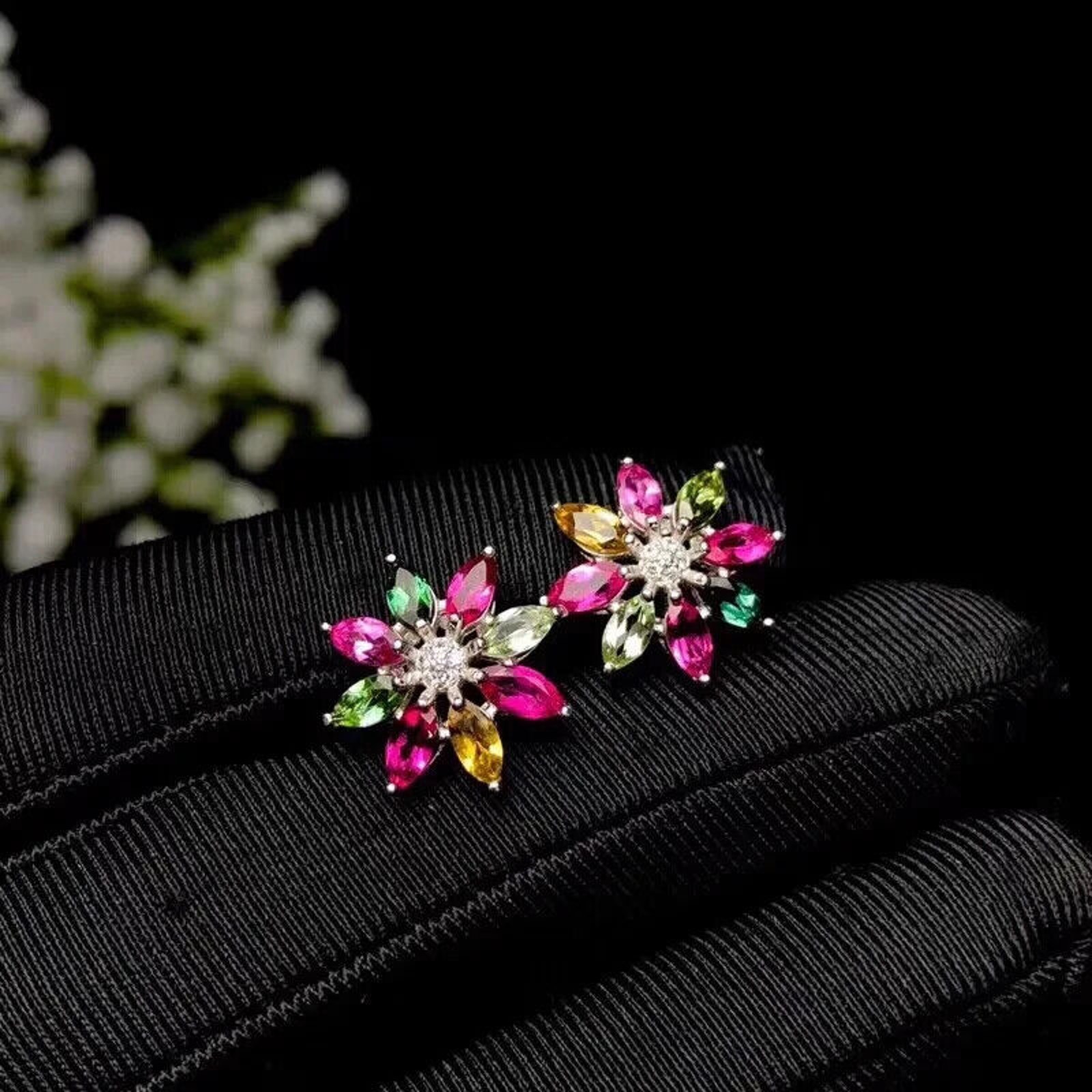 Colorful Tourmaline Stud Earrings, Natural Tourmaline Flower Stud Earrings