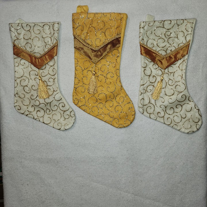 3 Christmas Socking 2 White 1 Gold 16" Trim Tassel Glitter Fireplace Mantel