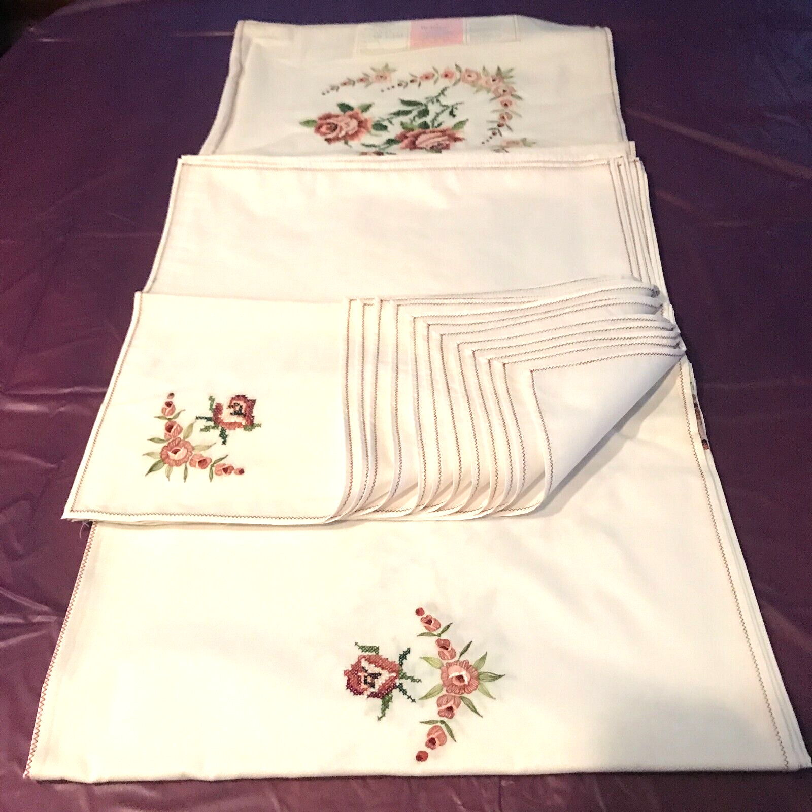 Belcrest Creation Embroidered Tablecloth and Napkins 13 piece set Spring Floral