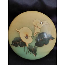 Round Midcentury Green Alabaster Floral Hinged Trinket Box with Lid, Italy