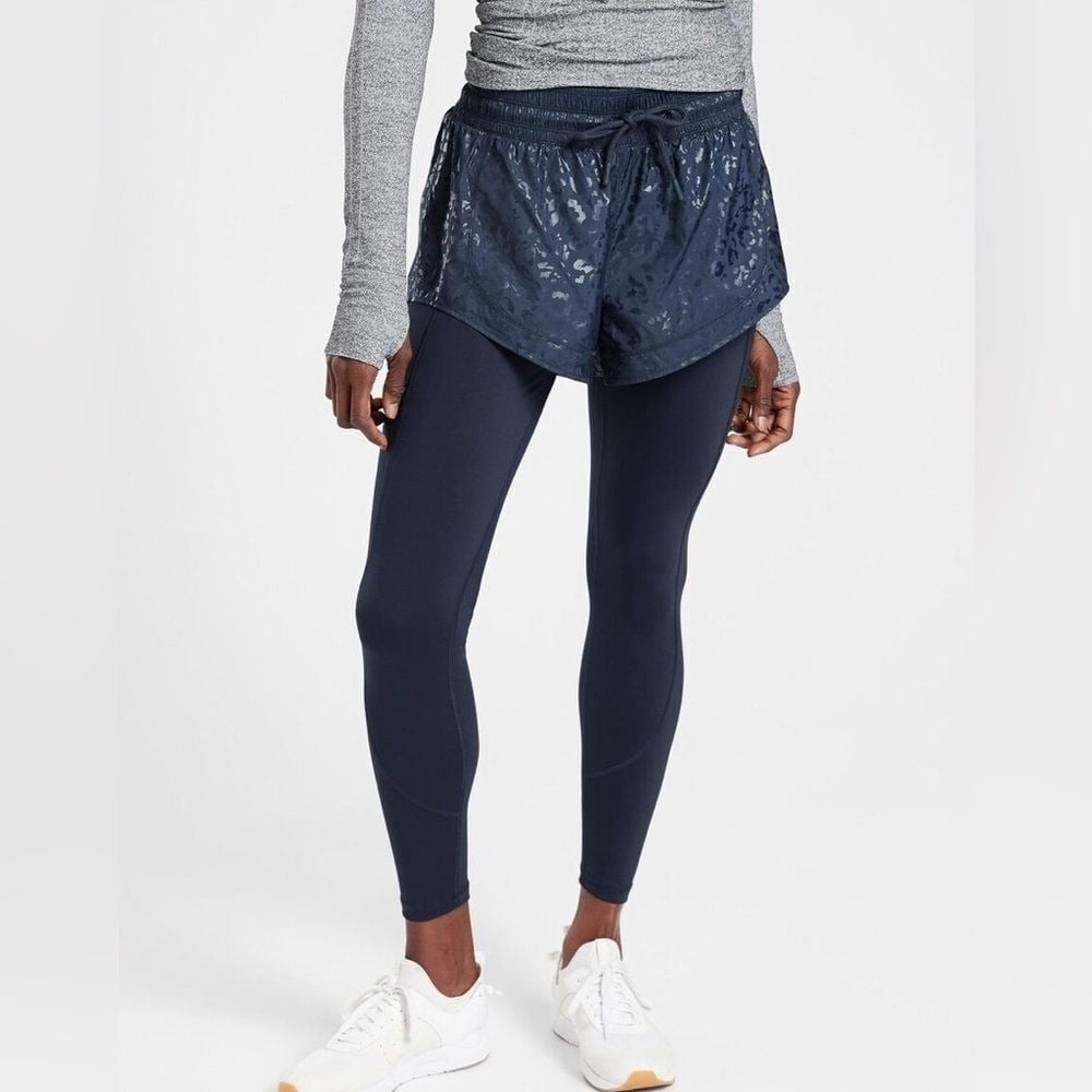Athleta Rainier 2-in-1 Tights Size Small Navy Activewear Pockets Running Sporty