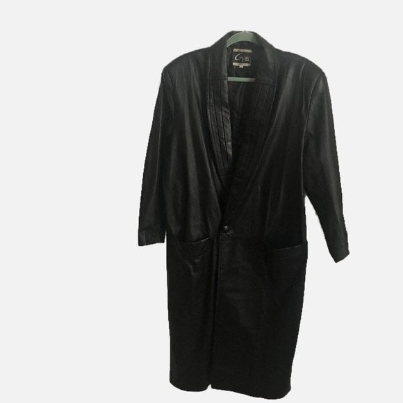 Vintage Global Identity Men Black Leather Trench Coat Size M. Pre- Owned.