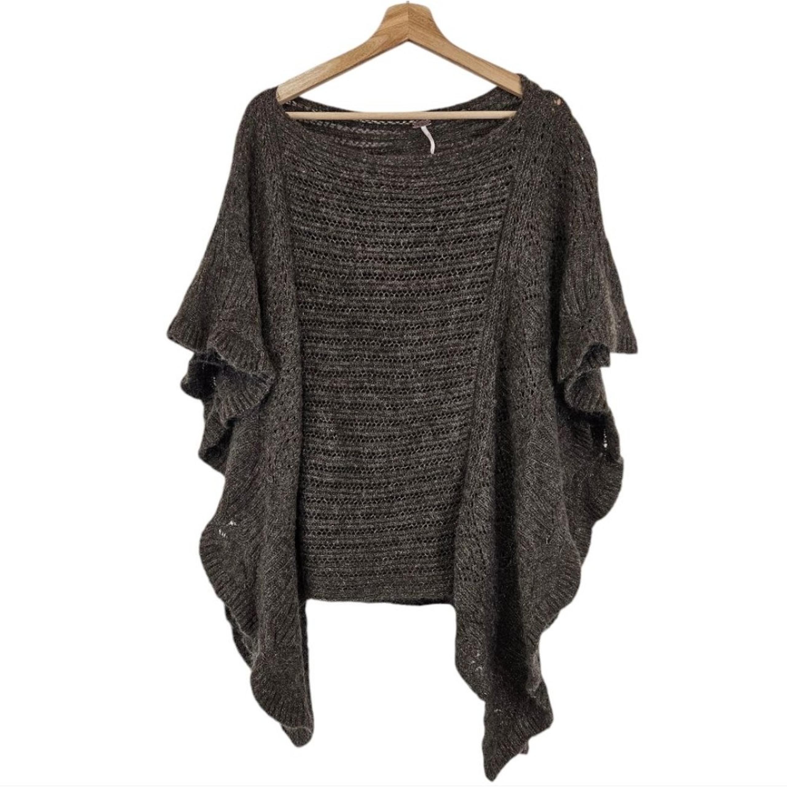 Free People Wool Blend Poncho Flutter Wing Pullover Knit Sweater OVERSIZED XS
