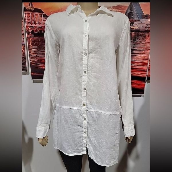 Tahari 100% Linen White Button Down Tunic Top Women’s Sz XL Lagenlook Coastal
