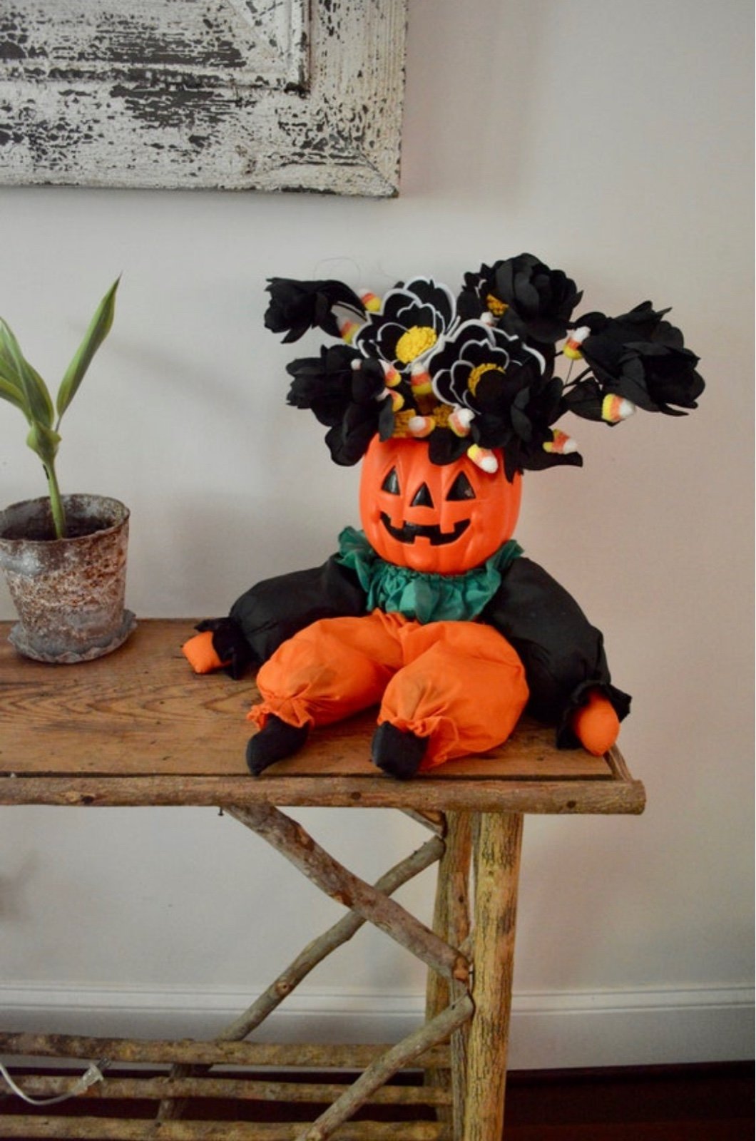 Vintage Pumpkin Clown Candy Bucket Faux Flower Arrangement Decor