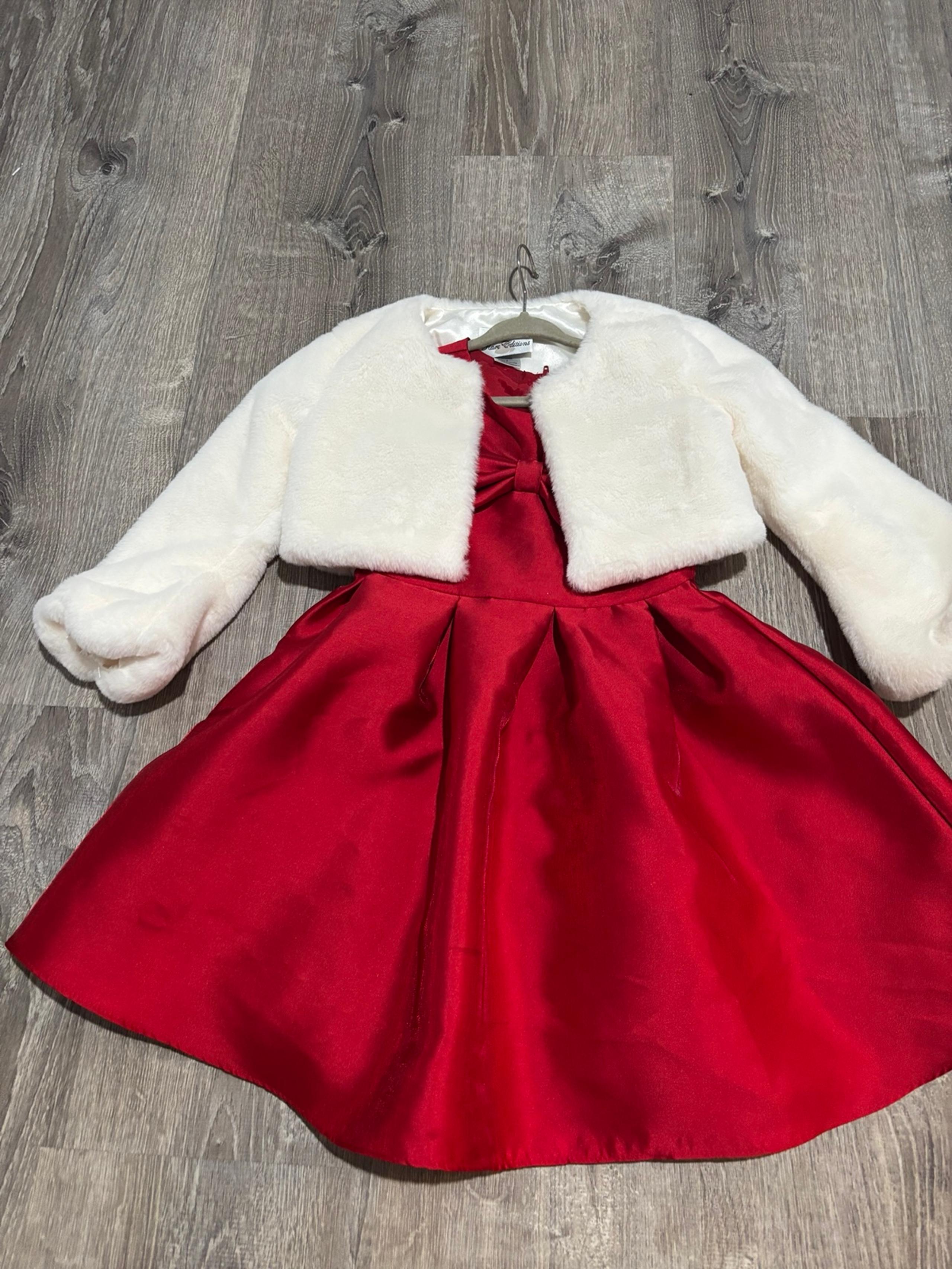 Rare Editions Red Dress & White Faux Fur Cardigan – Size 5T