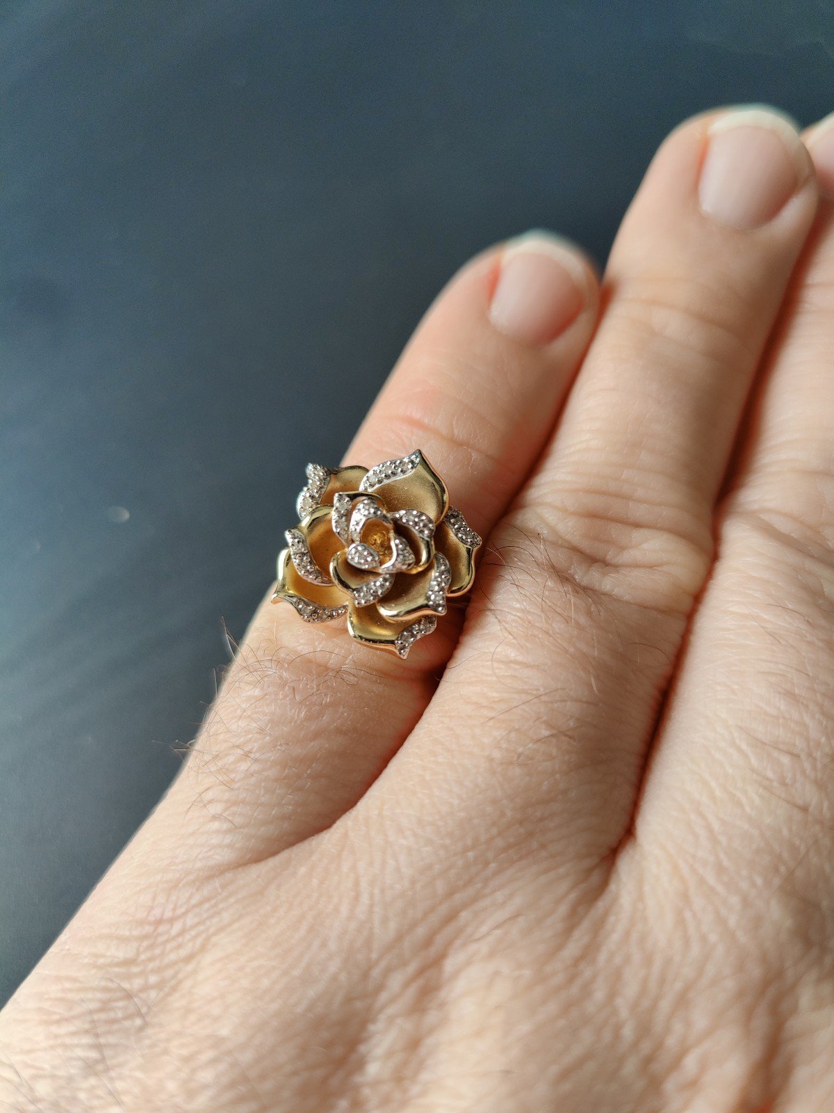 14k gold rose ring with micro pave diamonds