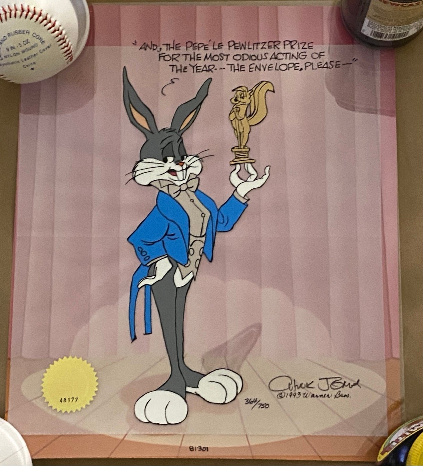 Buggs Bunny cell “Pewlitzer Prize,” from 1993 signed by Chuck Jones with LOA/COA