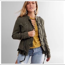 Free People Emilia Victorian Lace Ruffle Military Green Jacket Size XS