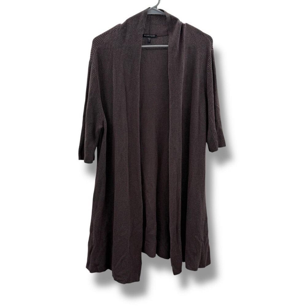 Eileen Fisher Brown Knit Half Sleeve Long Open Front Cardigan Sz XL Silk Blend