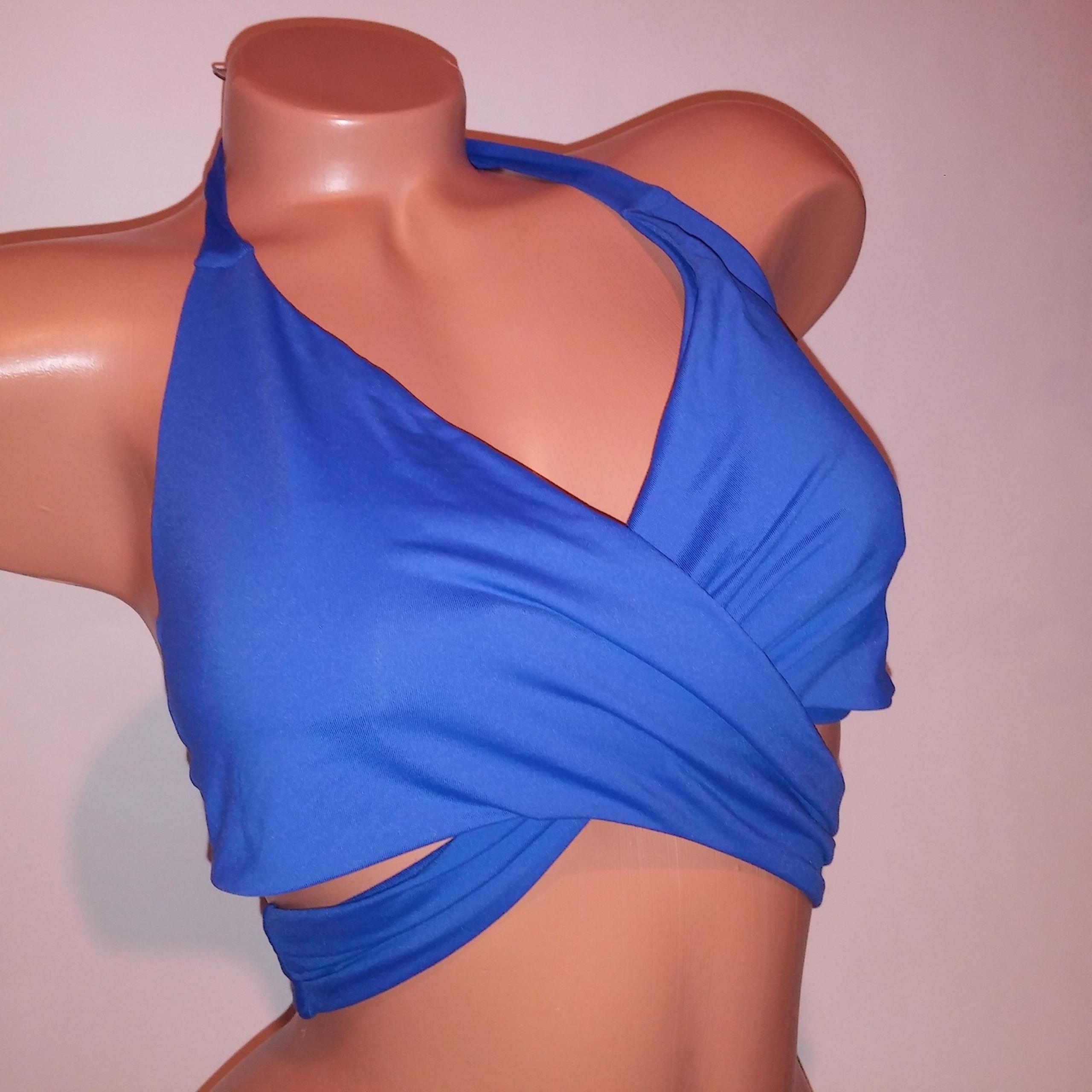 Athleta Swim Bikini Top 36B 36C Blue Solid Wrap Halter Underwire