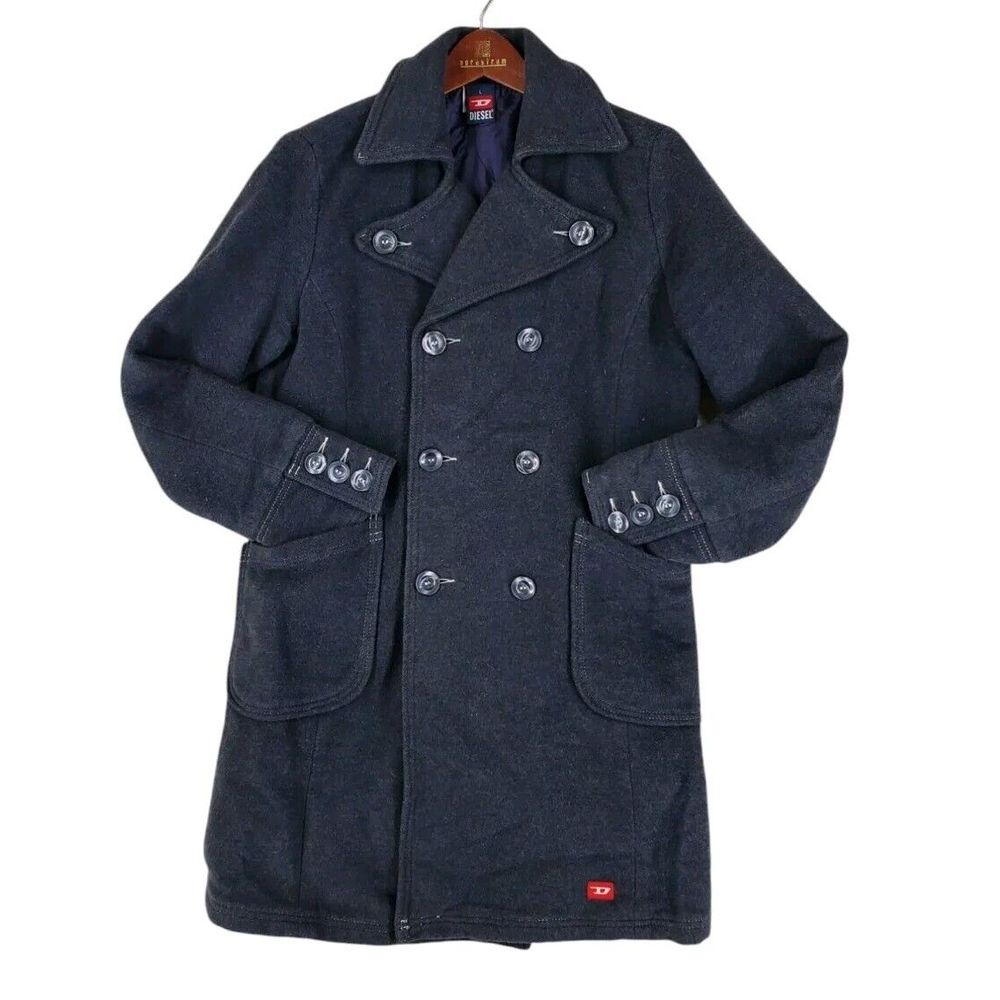 Vtg Diesel Peacoat Trench Womens L Charcoal Gray Double Breasted Acrylic Wool