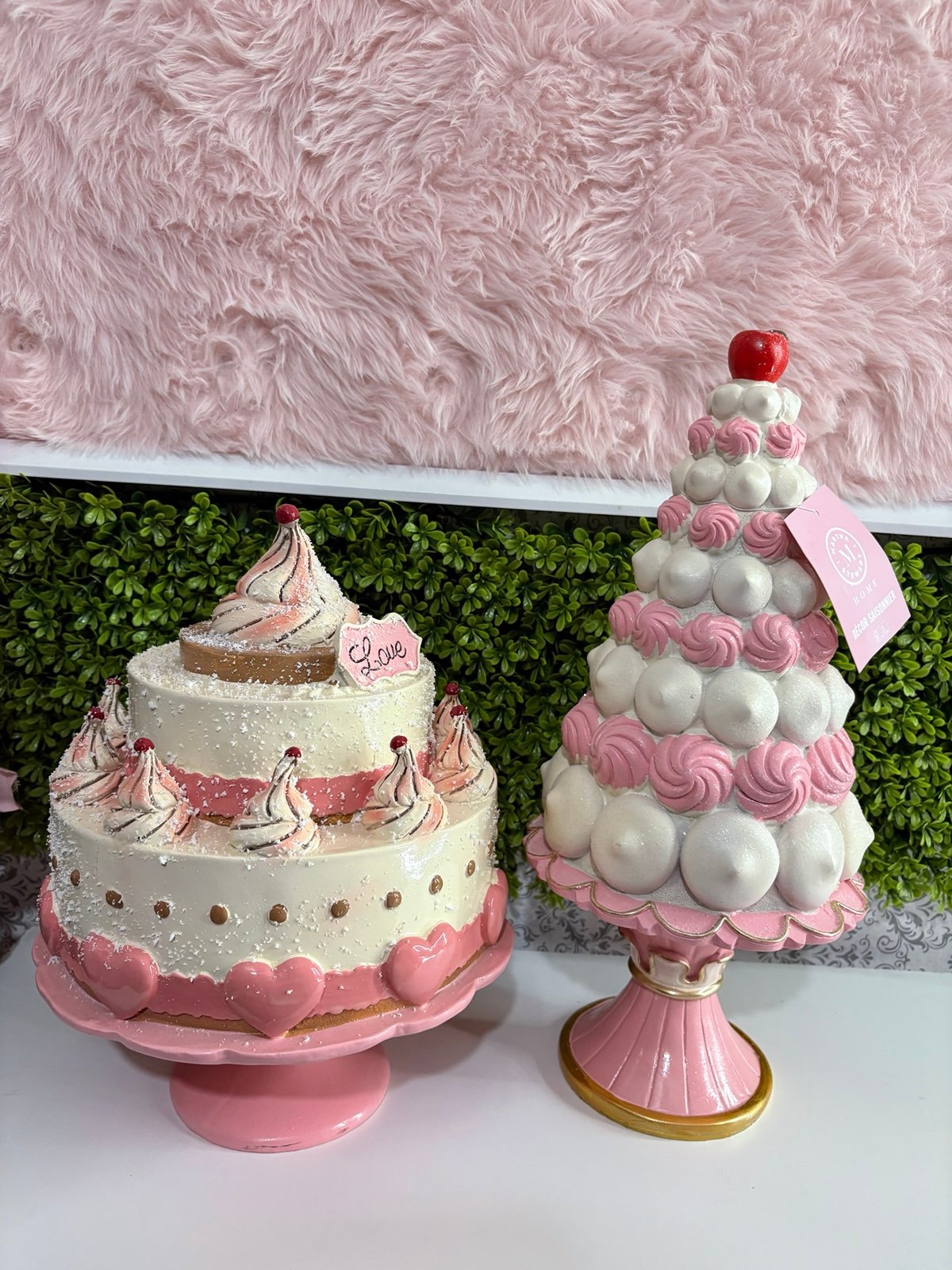 Martha steward Valentine's Day pink Cake on tier macaroon cherry on top