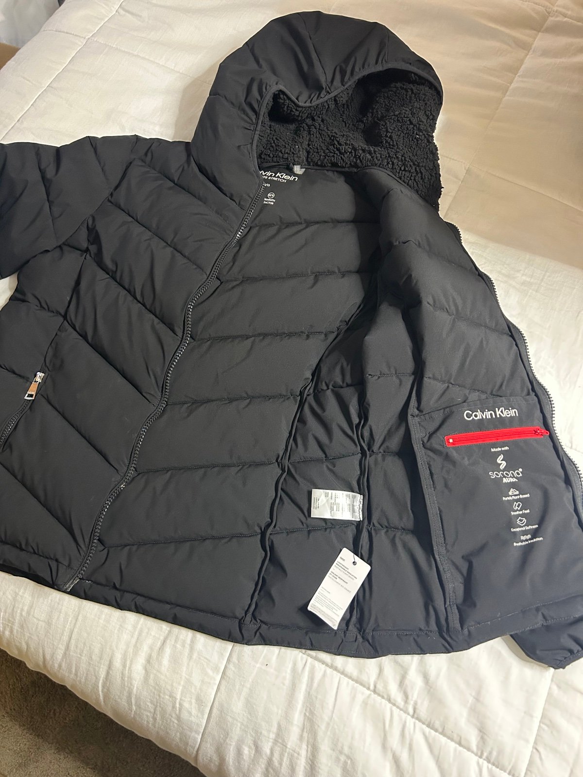 Calvin Klein Womens L Infinite Stretch Hooded Puffer Jacket Black Warm EUC