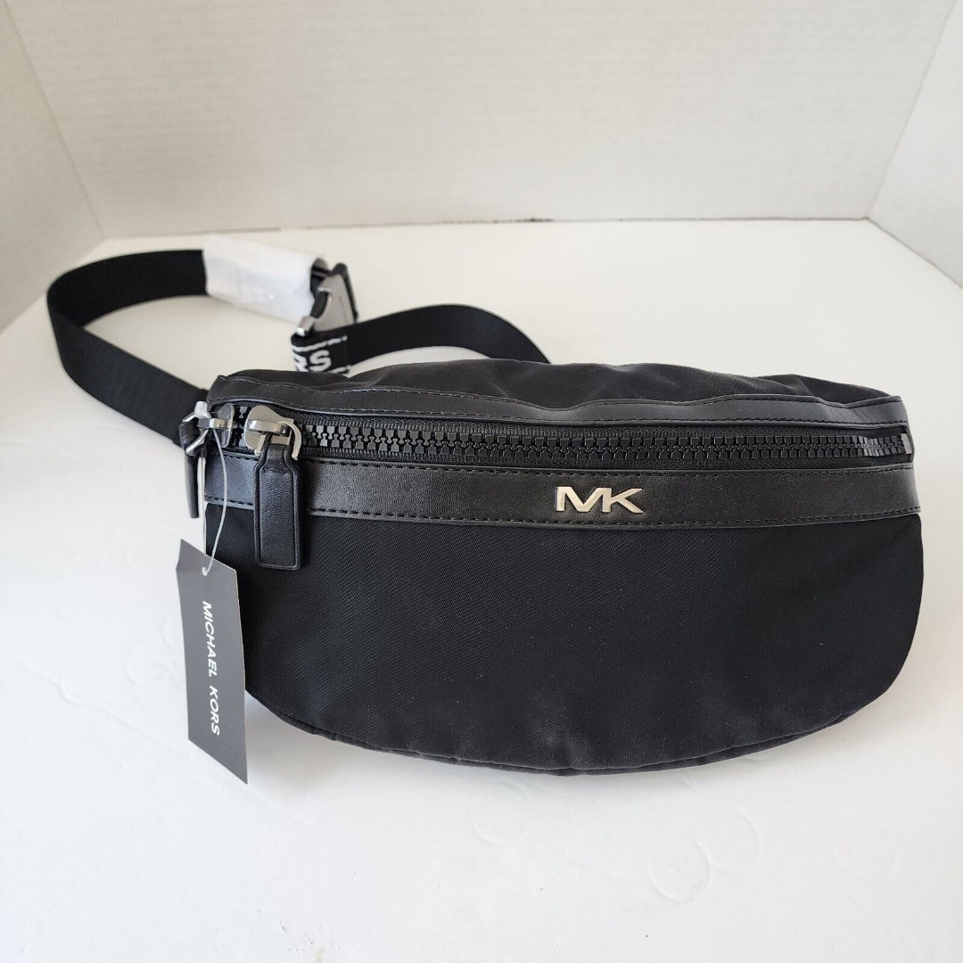 NWT Michael Kors Mens Belt Bag Kent Black White Leather Nylon