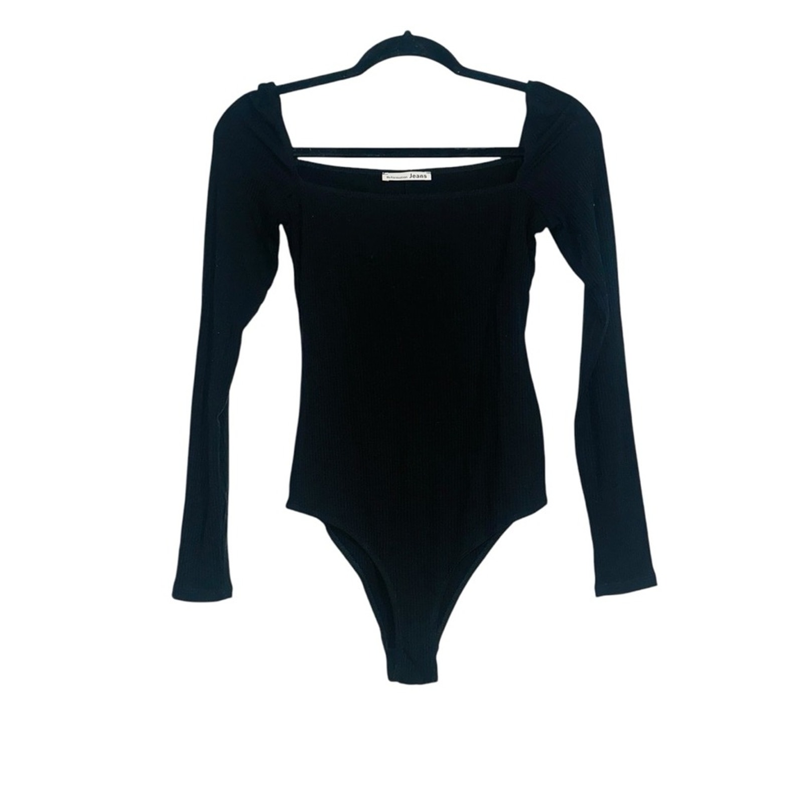 Reformation Jeans Gaia Long Sleeve Rib Square Neck Black Bodysuit SMALL