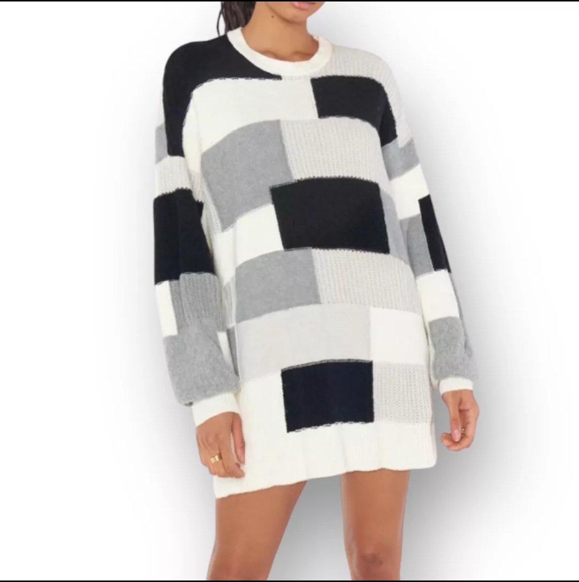Show Me Your Mumu Size 3X Ember Gray Patchwork Knit Tunic Sweater Cream Black