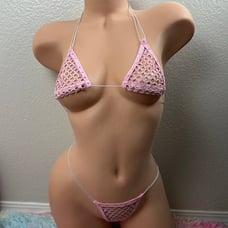 NEW Super Sexy Bling Baby Pink Jewel Fishnet Micro Stripper Outfit Set OS