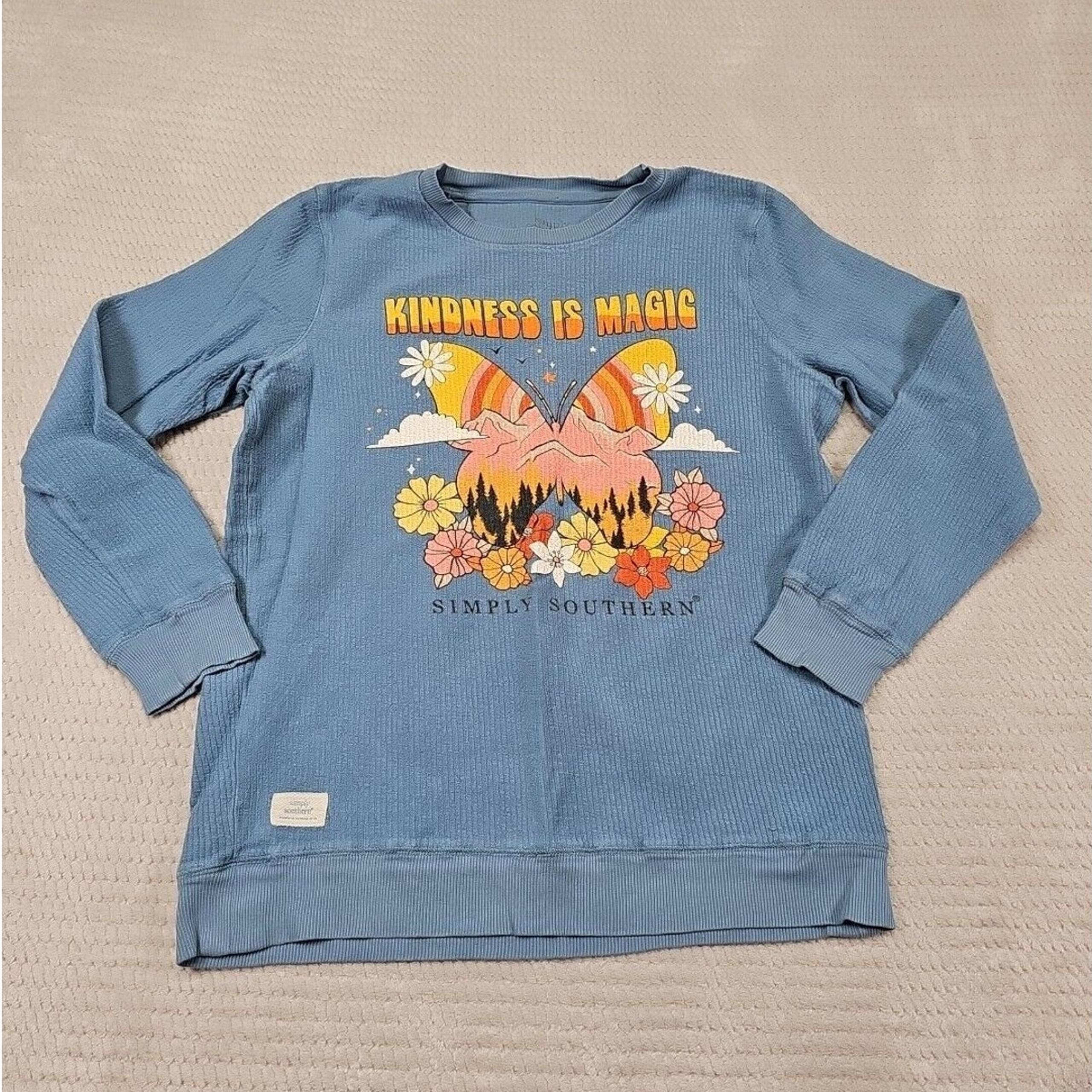 Simply Southern Sweatshirt Womens Small Ribbed Blue Kindness Is Magic Butterfly