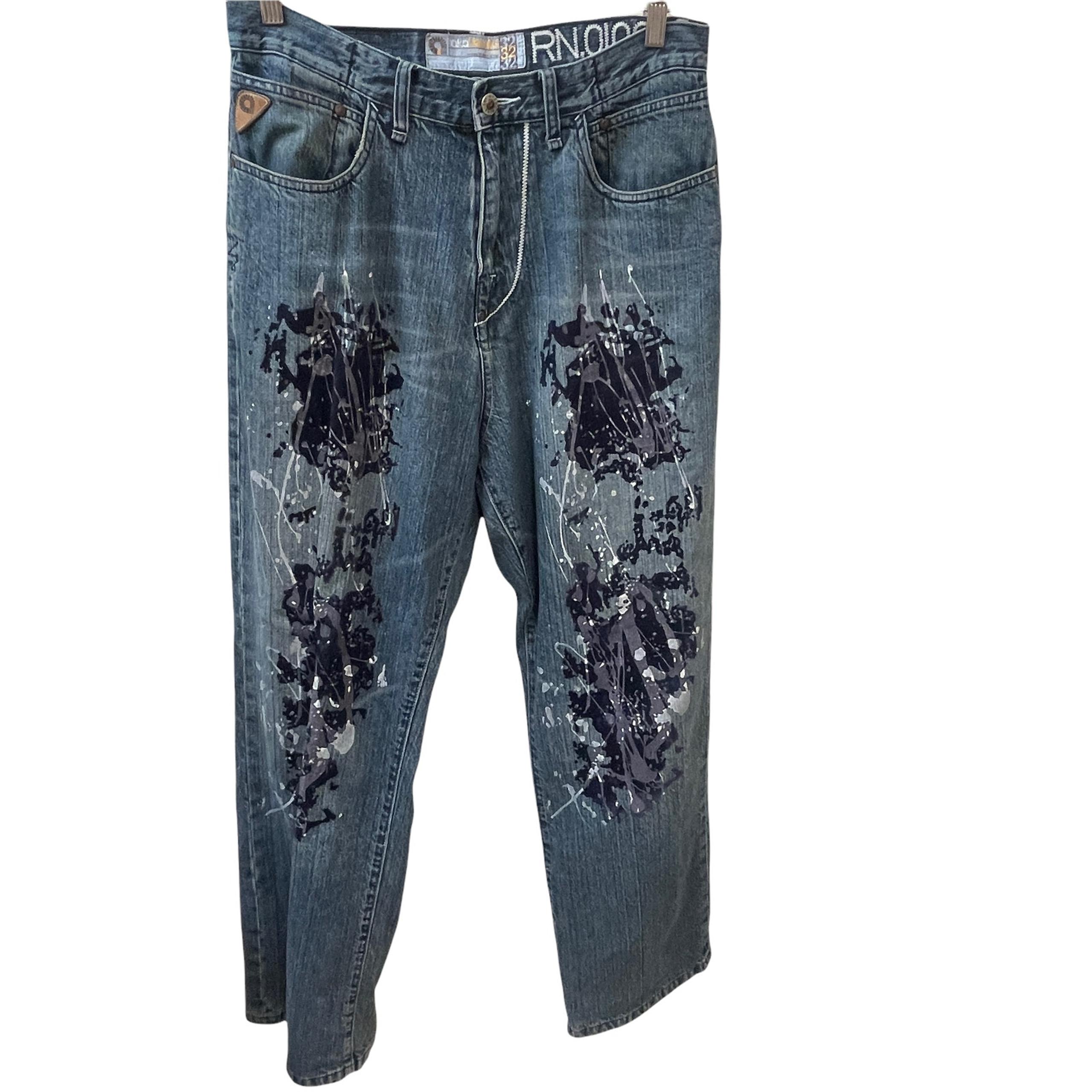 Akademiks Paint Splatter Jeans Men's Size 32 Relaxed Fit Medium Wash Casual
