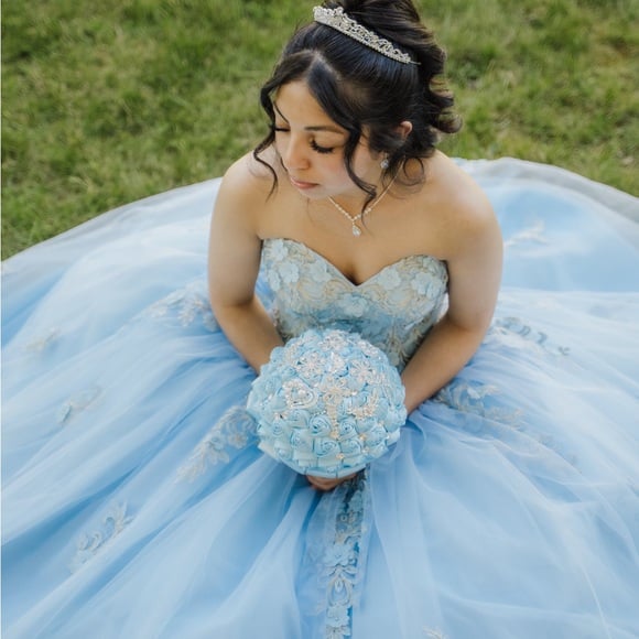 Quinceañera Gown SLEEVELESS DRESS EMBROIDERED WITH LACE UP BACK FLORAL APPLQIUE