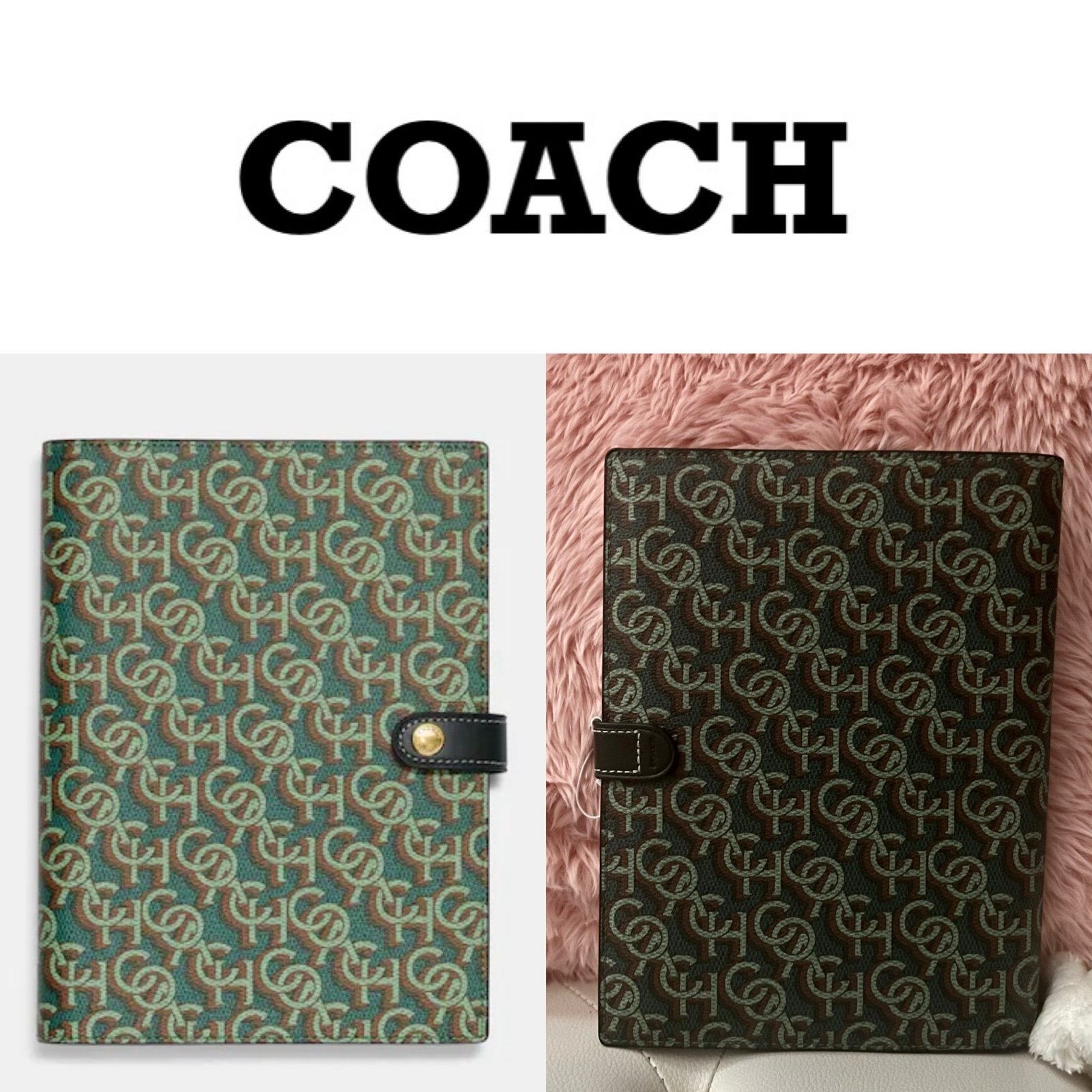 NEW Coach Green Monogram Print Coated Canvas & Leather Notebook