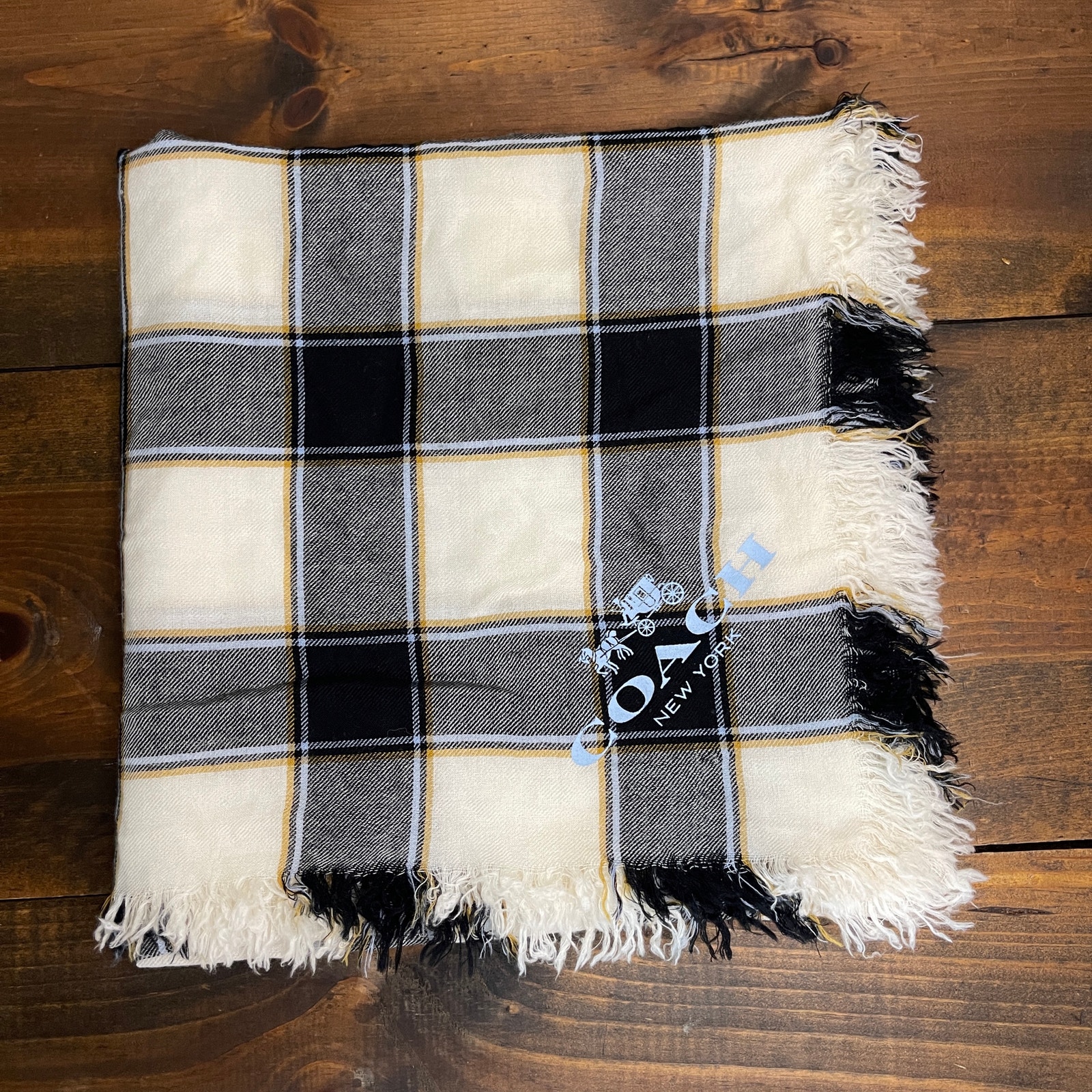 COACH NEW YORK Horse & Carriage Wool Plaid Scarf White Black Square 54 x 54