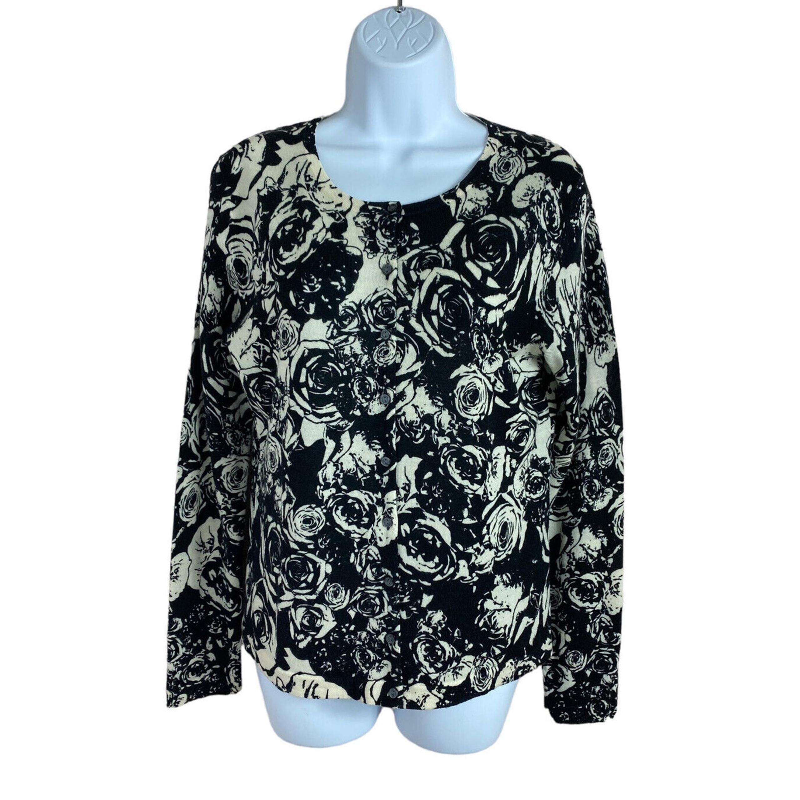 Lord & Taylor 100% Merino Wool Cardigan Sweater Women’s Medium Black White Rose