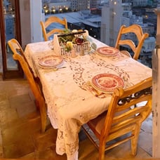 Vintage Madeira Linen Tablecloth Scalloped Edges Cut Outs Taupe Trim 108” X 66”