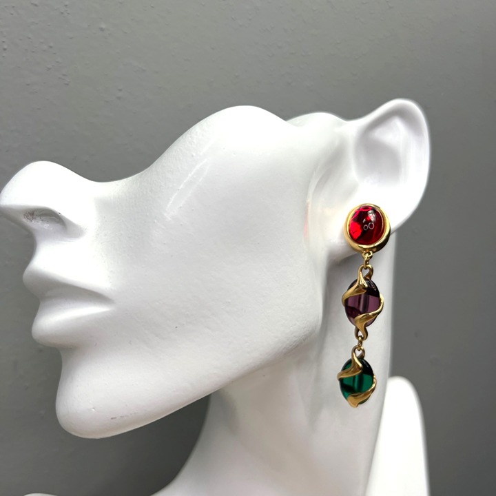 Swarovski Jelly Belly Dangle Earrings Tri Color Jewel Tone Red Purple Green Gold