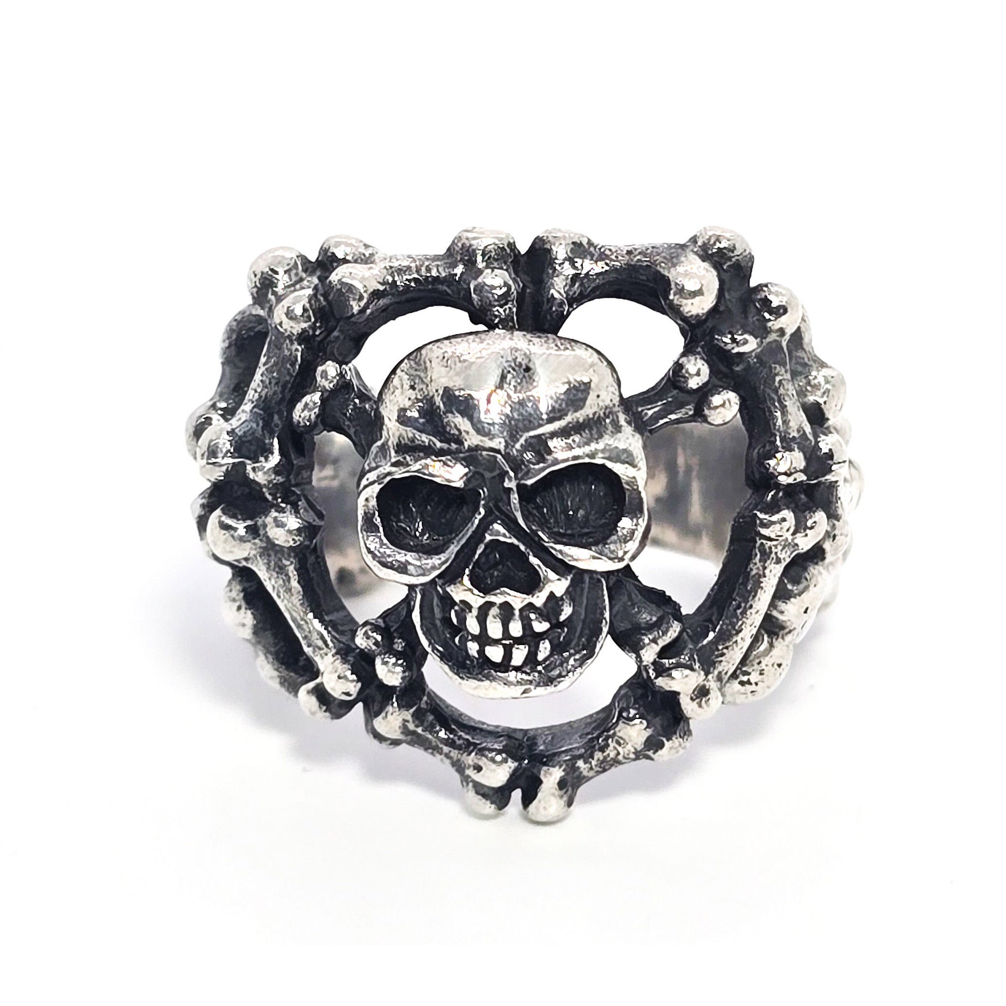 Skull and Cross bones Jolly Roger bone band solid sterling silver ring size 9.5