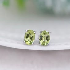 Genuine Oval Peridot (August) Gemstone 14K White Gold Stud Earrings, NWT