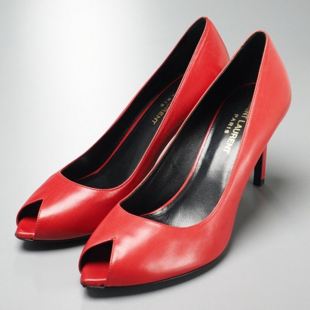 【SAINT LAURENT】 Peep Toe Pumps Saint Laurent [Authentic] Red Leather V-Cut Peep Toe High