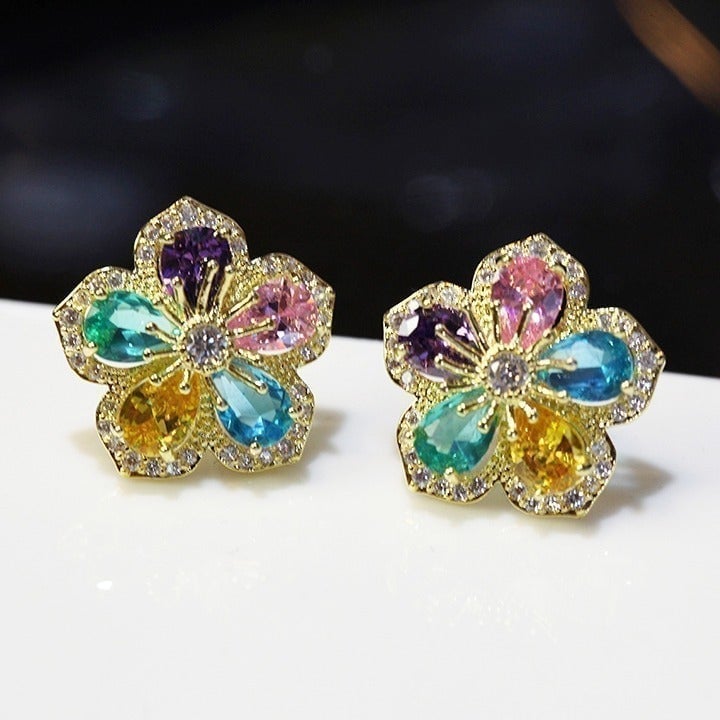 Colorful Crystal Flower Stud Earrings for Women, INDN8614
