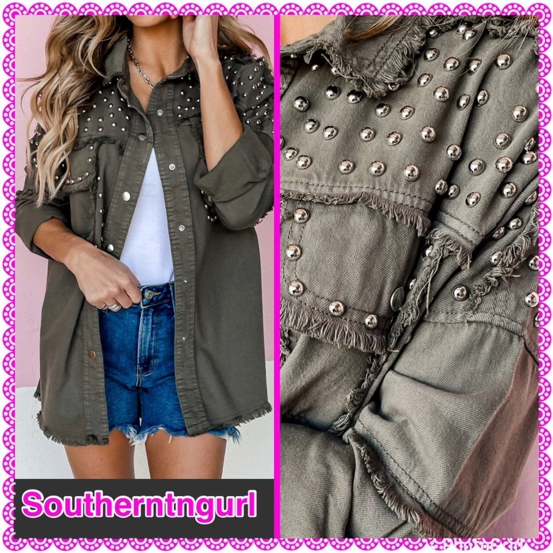 NWT FANTASTIC FAWN Studded Frayed Hem Military/ Shirt Jacket