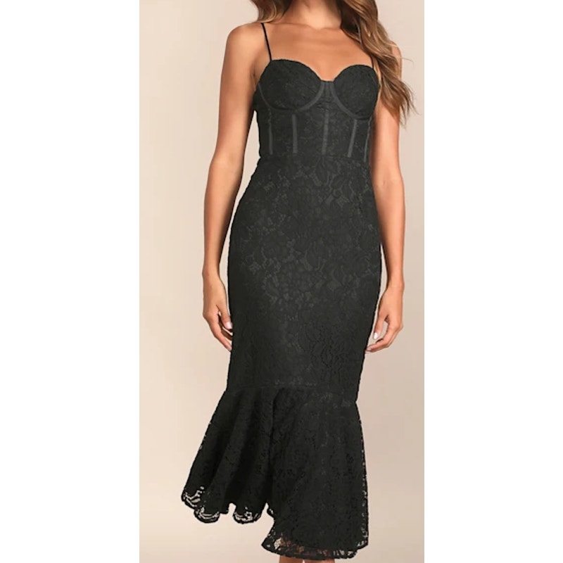 LULU'S SZ L Found Your Love Black Lace Sleeveless Trumpet Midi Dress NEW B126