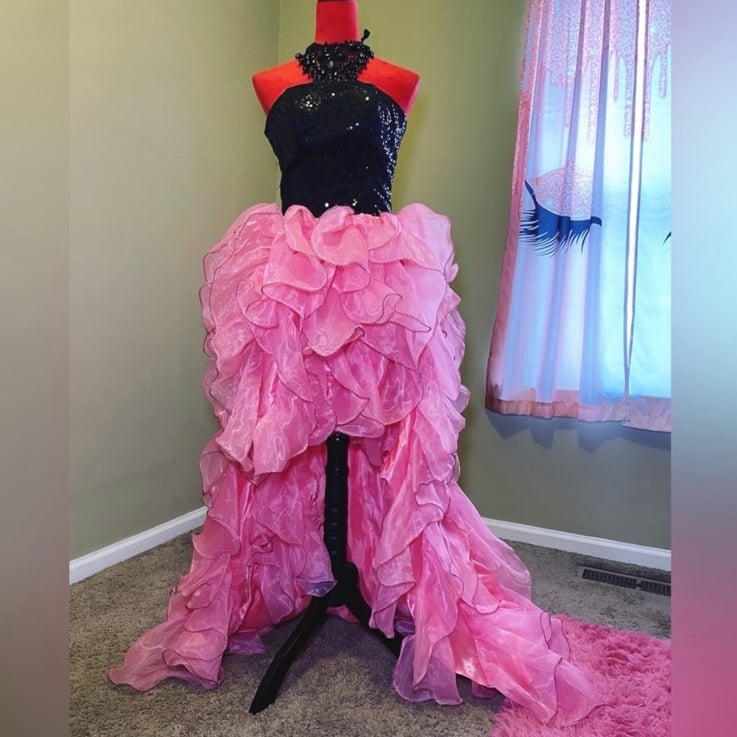 BLACK & PINK STRAPLESS SEQUIN HIGH LOW HEM RUFFLE FORMAL PROM DRESS