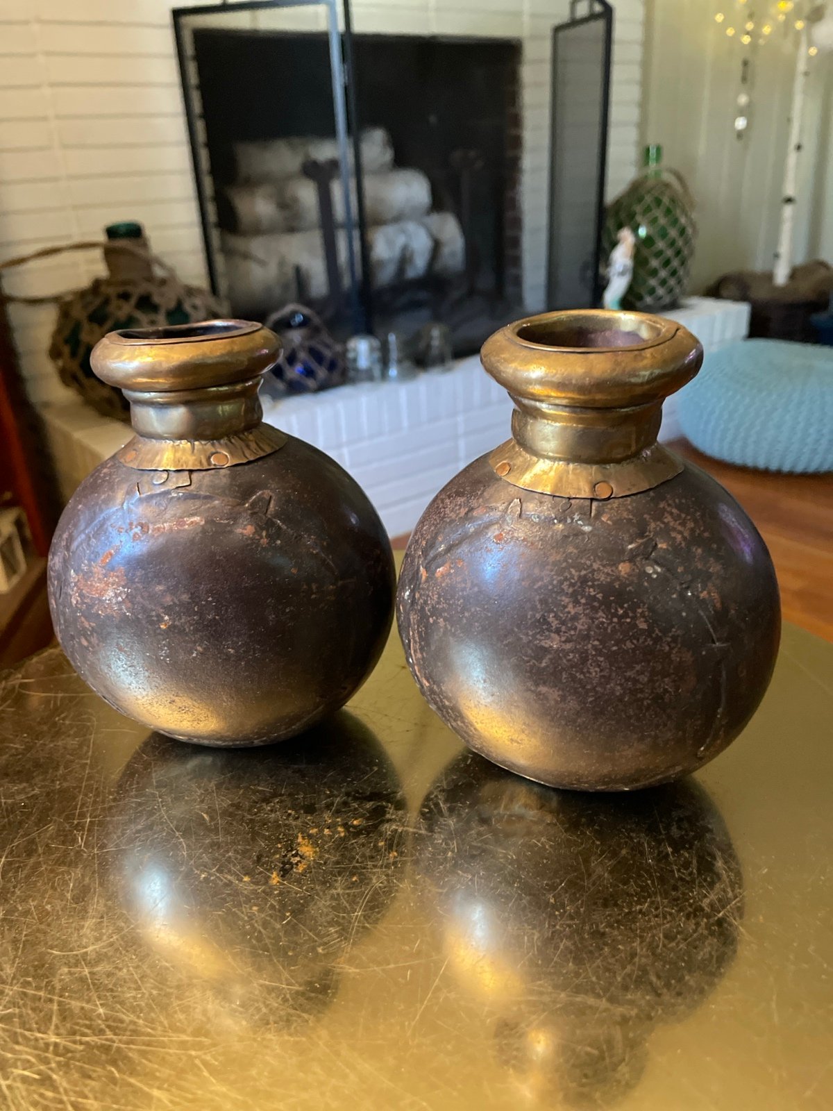 Vintage Vase Primitive Style India Brass Long Neck Iron Matka Lota Boho 6'' (2)