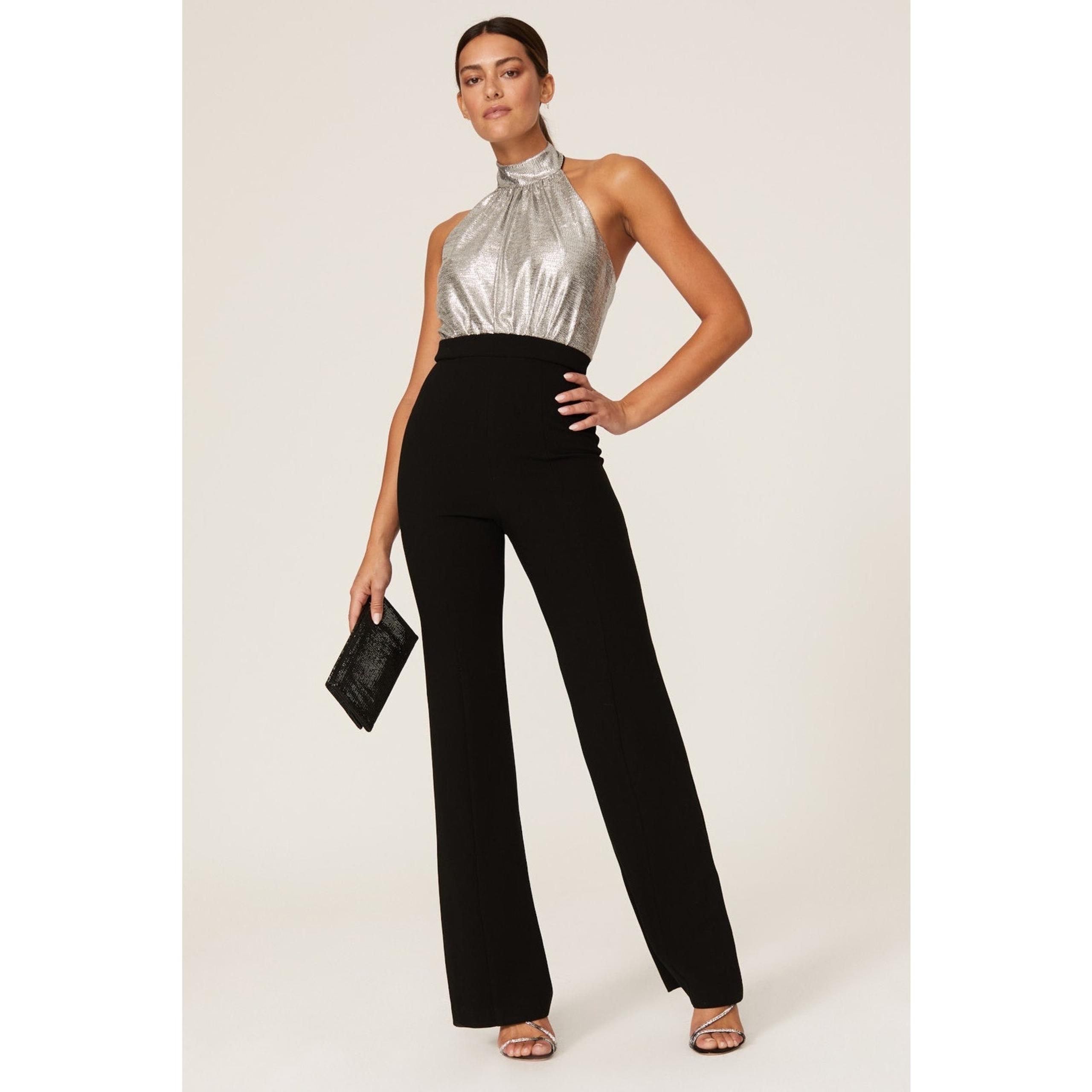 Black Halo Genesis Black Silver Wide Leg Halter Cocktail Jumpsuit Size 2