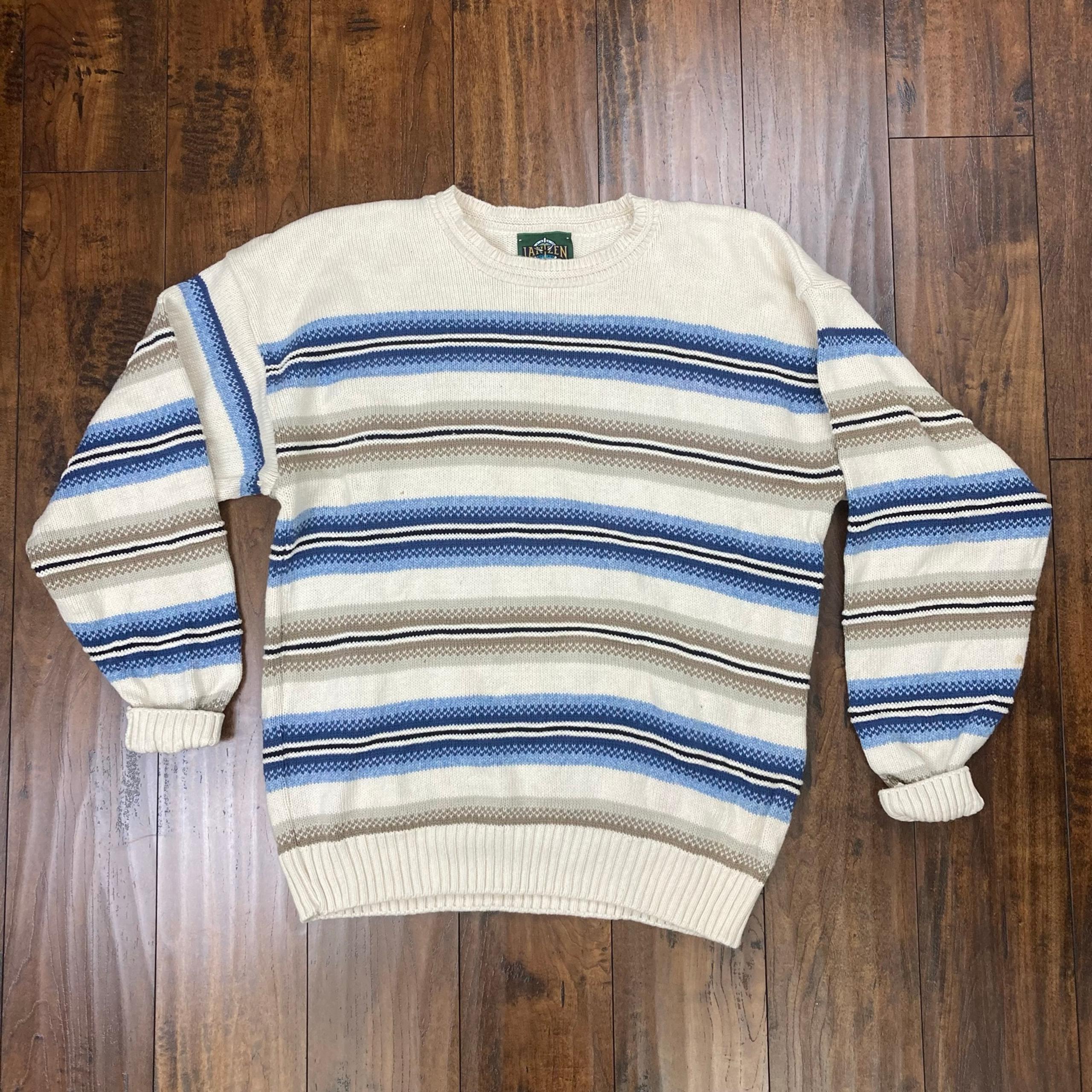 VINTAGE Mens Sweater Striped Crewneck Blue Beige Cream Size Large - Jantzen